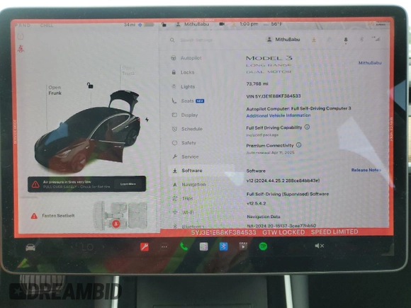 2019 Tesla Model 3 Long Range with VIN 5YJ3E1EB8KF384533, listed as a Copart auction lot 48557255 with 73,768 mi miles and Salvage Title. Bid and sale history available at carsss.com. Image 9.