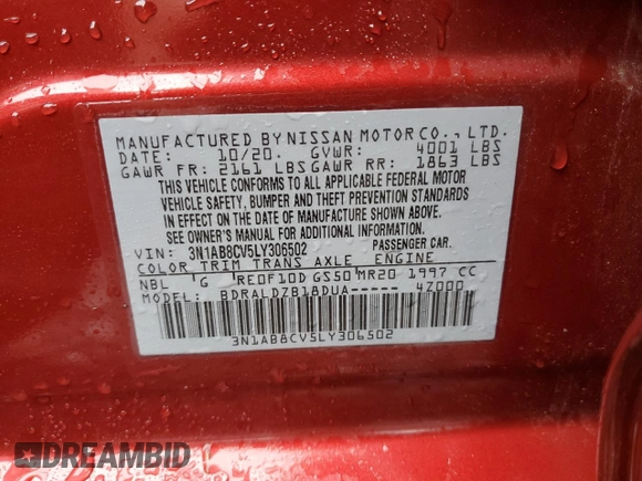 2020 Nissan Sentra SV z VIN 3N1AB8CV5LY306502, wystawiony jako Copart lot #56072765 z przebiegiem Nie podano mil oraz Szkoda całkowita • Salvage title. Historia ofert i sprzedaży dostępna na DreamBid. Obrazek 13.