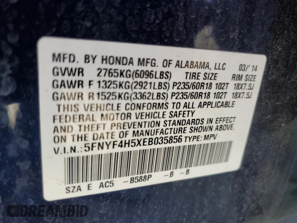 2014 Honda Pilot EX-L with VIN 5FNYF4H5XEB035856, listed as a Copart auction lot 54093365 with 91,393 mi miles and Clean Title. Bid and sale history available at carsss.com. Image 13.