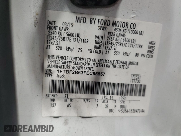 2015 Ford F-250 XLT with VIN 1FTBF2B63FEC85857, listed as a Copart auction lot 59129435 with 175,868 mi miles and Clean title. Bid and sale history available at DreamBid. Image 12.