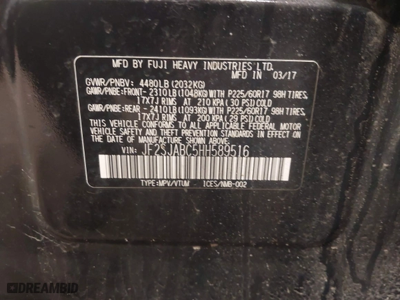 2017 Subaru Forester with VIN JF2SJABC5HH589516, listed as a IAAI auction lot 41951650 with 123,847 mi miles. Bid and sale history available at carsss.com. Image 9.