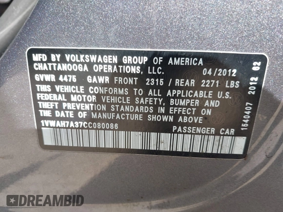 2012 Volkswagen Passat S with VIN 1VWAH7A37CC080086, listed as a IAAI auction lot 42064603 with 188,256 mi miles and . Bid and sale history available at DreamBid. Image 9.