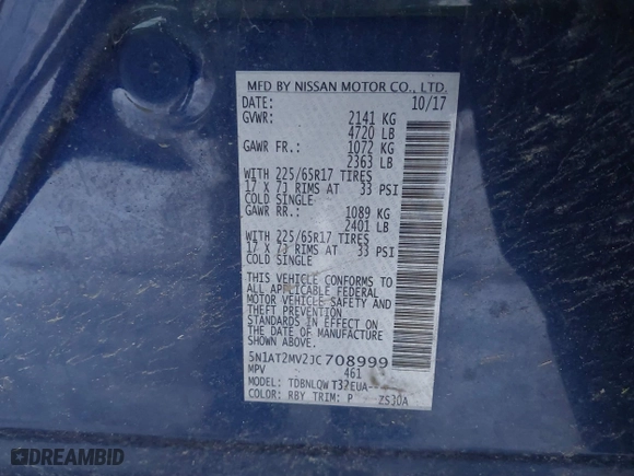 2018 Nissan Rogue S with VIN 5N1AT2MV2JC708999, listed as a IAAI auction lot 41188596 with 131,638 mi miles. Bid and sale history available at carsss.com. Image 9.