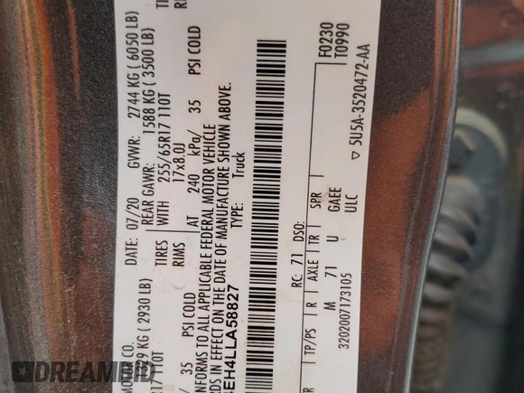 2020 Ford Ranger XL with VIN 1FTER4EH4LLA58827, listed as a Copart auction lot 55816085 with 108,674 mi miles and Salvage title. Bid and sale history available at DreamBid. Image 13.
