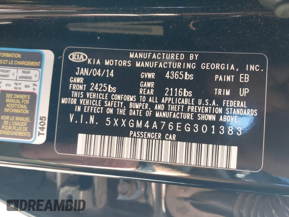 2014 Kia Optima LX z VIN 5XXGM4A76EG301383, wystawiony jako IAAI lot #42180600 z przebiegiem 97 132 mil mil oraz . Historia ofert i sprzedaży dostępna na DreamBid. Obrazek 9.