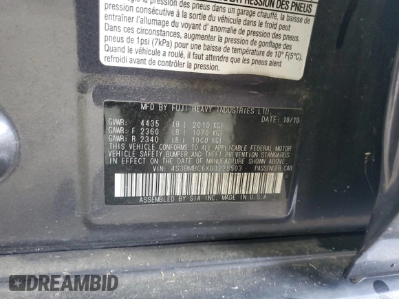 2011 Subaru Legacy Premium with VIN 4S3BMBC6XB3228503, listed as a Copart auction lot 60828715 with 79,194 mi miles and Salvage title. Bid and sale history available at DreamBid. Image 13.