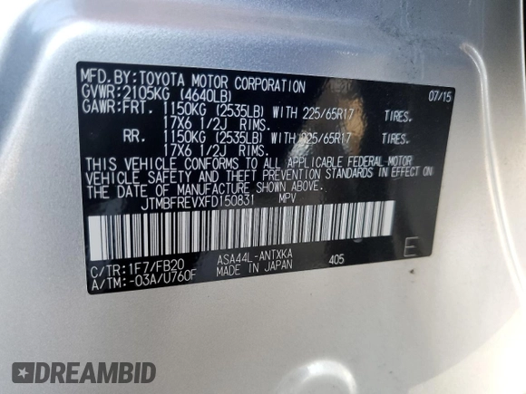 2015 Toyota RAV4 LE with VIN JTMBFREVXFD150831, listed as a Copart auction lot 82087424 with 78,256 mi miles and Non Repairable. Bid and sale history available at DreamBid. Image 13.