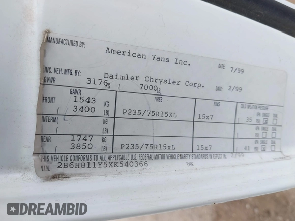 1999 Dodge Cargo Conversion with VIN 2B6HB11Y5XK540366, listed as a IAAI auction lot 42054538 with 118,848 mi miles and . Bid and sale history available at DreamBid. Image 9.