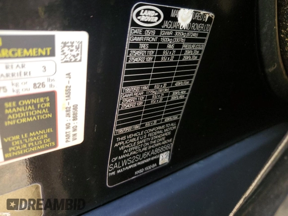 2019 Land Rover Range Rover Sport HST with VIN SALWS2SU6KA868560, listed as a Copart auction lot 80838074 with 57,030 mi miles and Salvage title. Bid and sale history available at DreamBid. Image 12.