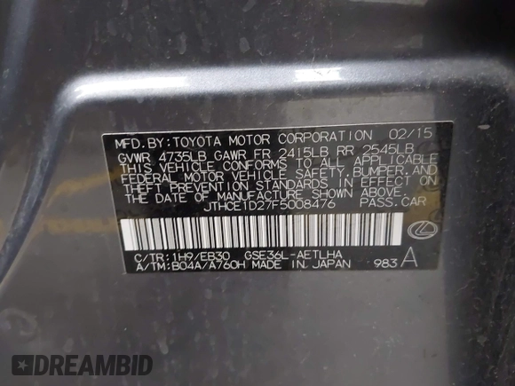 2015 Lexus IS 350 with VIN JTHCE1D27F5008476, listed as a IAAI auction lot 42655965 with 68,033 mi miles and . Bid and sale history available at DreamBid. Image 9.