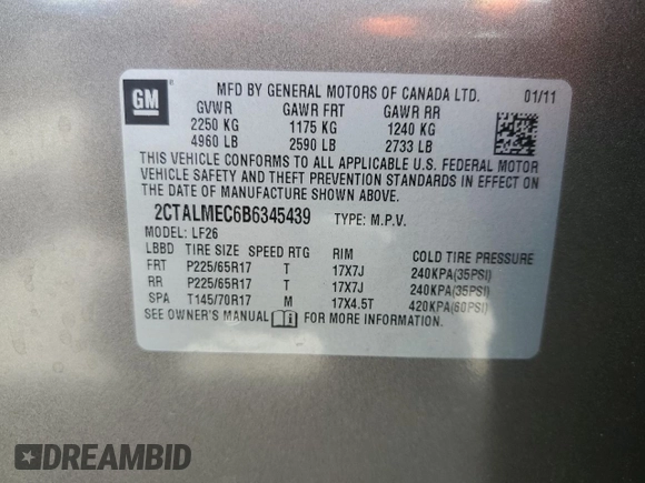 2011 GMC Terrain SLE-1 с VIN 2CTALMEC6B6345439, выставлен на аукционе Copart как лот 61738355 с пробегом 101 812 миль миль и Чистый • Clean title. История ставок и продаж доступна на DreamBid. Изображение 13.