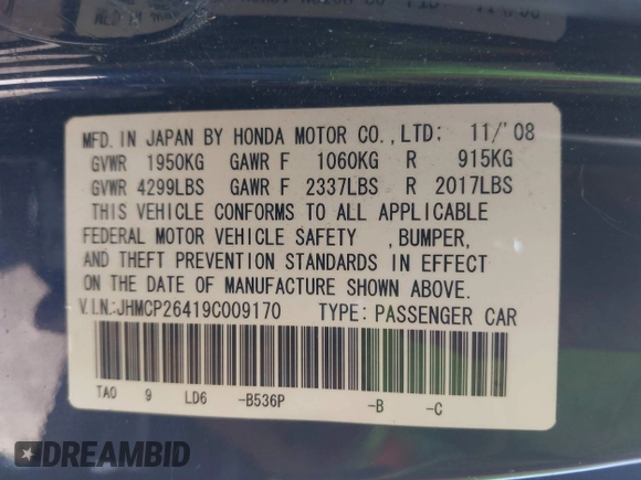 2009 Honda Accord LX-P z VIN JHMCP26419C009170, wystawiony jako IAAI lot #42259816 z przebiegiem 297 708 mil mil oraz . Historia ofert i sprzedaży dostępna na DreamBid. Obrazek 9.