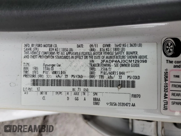 2012 Ford Fiesta S z VIN 3FADP4AJ3CM129398, wystawiony jako Copart lot #44928185 z przebiegiem 175 262 mil mil oraz Czysty tytuł • Clean title. Historia ofert i sprzedaży dostępna na DreamBid. Obrazek 12.