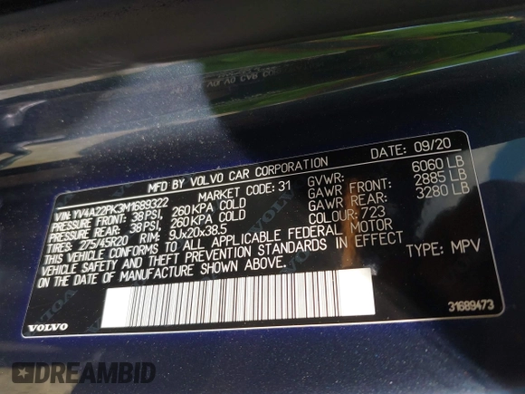 2021 Volvo XC90 Momentum with VIN YV4A22PK3M1689322, listed as a IAAI auction lot 42005314 with 49,316 mi miles and . Bid and sale history available at DreamBid. Image 9.