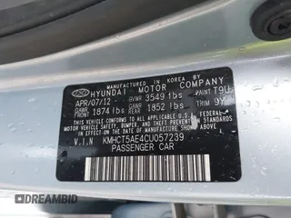 2012 Hyundai Accent GS z VIN KMHCT5AE4CU057239, wystawiony jako IAAI lot #42267212 z przebiegiem 99 446 mil mil oraz . Historia ofert i sprzedaży dostępna na DreamBid. Obrazek 9.