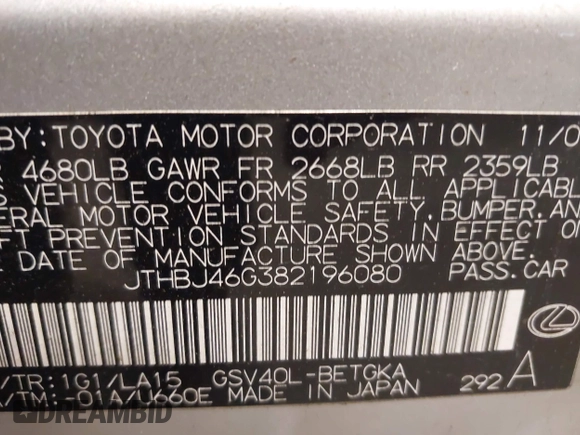 2008 Lexus ES 330 с VIN JTHBJ46G382196080, выставлен на аукционе IAAI как лот 41334095 с пробегом 230 663 миль миль и . История ставок и продаж доступна на DreamBid. Изображение 9.