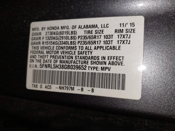 2016 Honda Odyssey SE with VIN 5FNRL5H38GB039652, listed as a IAAI auction lot 41985520 with Not Provided miles and . Bid and sale history available at DreamBid. Image 9.