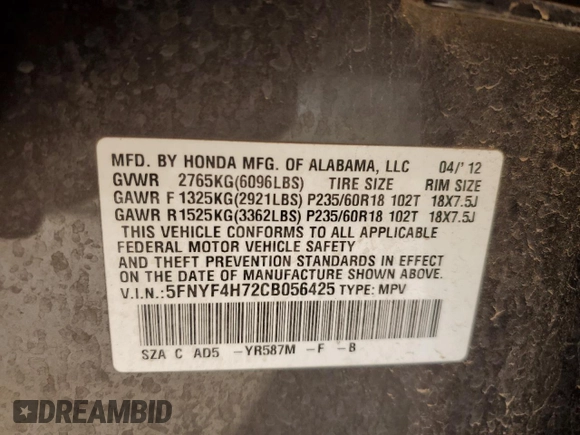 2012 Honda Pilot EX-L with VIN 5FNYF4H72CB056425, listed as a Copart auction lot 53712675 with 120,909 mi miles and Salvage Title. Bid and sale history available at DreamBid. Image 13.