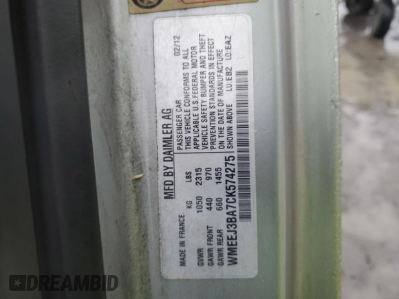 2012 Smart fortwo Pure with VIN WMEEJ3BA7CK574275, listed as a Copart auction lot 43440735 with Not provided miles and Salvage title. Bid and sale history available at DreamBid. Image 13.