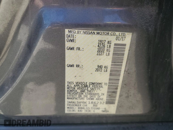2017 Nissan Altima SV z VIN 1N4AL3AP4HC186232, wystawiony jako Copart lot #56565935 z przebiegiem 108 125 mil mil oraz Szkoda całkowita • Salvage title. Historia ofert i sprzedaży dostępna na DreamBid. Obrazek 12.