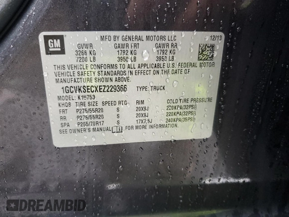 2014 Chevrolet Silverado 1500 LTZ with VIN 1GCVKSECXEZ229366, listed as a Copart auction lot 48954175 with 115,690 mi miles and Non Repairable. Bid and sale history available at DreamBid. Image 12.