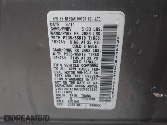 2012 Nissan Murano SL z VIN JN8AZ1MU3CW101990, wystawiony jako IAAI lot #42821851 z przebiegiem 135 585 mil mil oraz . Historia ofert i sprzedaży dostępna na DreamBid. Obrazek 9.