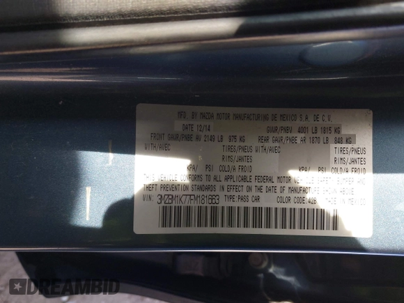 2015 Mazda 3 i Sport with VIN 3MZBM1K77FM181663, listed as a IAAI auction lot 41903610 with 200,618 mi miles and . Bid and sale history available at DreamBid. Image 9.
