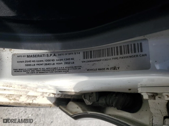 2015 Maserati Quattroporte S Q4 with VIN ZAM56RRA6F1135311, listed as a Copart auction lot 42123155 with 38,007 mi miles and Salvage Title. Bid and sale history available at carsss.com. Image 12.