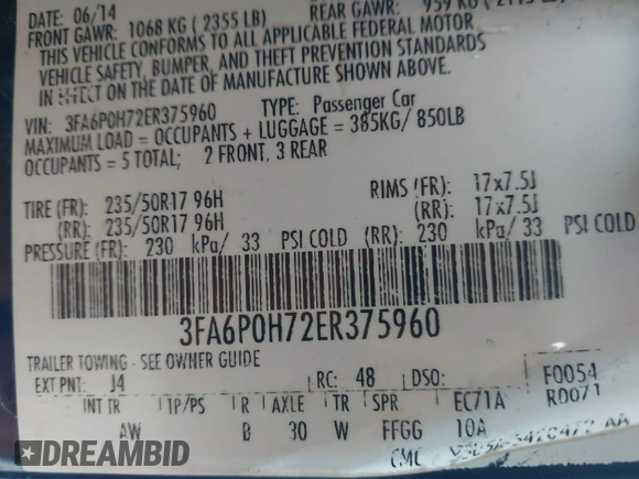 2014 Ford Fusion SE with VIN 3FA6P0H72ER375960, listed as a IAAI auction lot 41482806 with 175,255 mi miles. Bid and sale history available at carsss.com. Image 9.