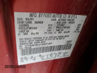 2001 Ford F-150 XLT with VIN 1FTRW08L41KB01407, listed as a Copart auction lot 59446555 with 285,312 mi miles and Salvage title. Bid and sale history available at DreamBid. Image 12.