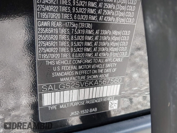 2019 Land Rover Range Rover HSE with VIN SALGS2SV6KA567560, listed as a IAAI auction lot 41728822 with 58,448 mi miles and . Bid and sale history available at DreamBid. Image 9.