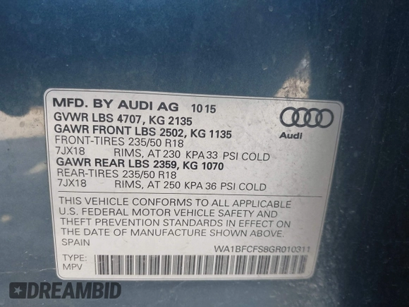 2016 Audi Q3 Premium Plus with VIN WA1BFCFS8GR010311, listed as a IAAI auction lot 41927789 with 91,400 mi miles and . Bid and sale history available at DreamBid. Image 9.