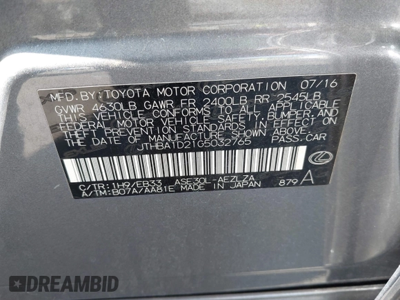 2016 Lexus IS 200t with VIN JTHBA1D21G5032765, listed as a IAAI auction lot 42139459 with 57,587 mi miles and . Bid and sale history available at DreamBid. Image 9.