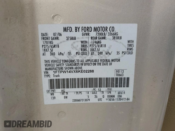 2006 Ford F-150 XLT with VIN 1FTPW14VX6KE02288, listed as a Copart auction lot 51786275 with Not provided miles and Salvage title. Bid and sale history available at DreamBid. Image 14.