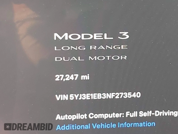 2022 Tesla Model 3 Long Range with VIN 5YJ3E1EB3NF273540, listed as a IAAI auction lot 41978069 with 27,247 mi miles and . Bid and sale history available at DreamBid. Image 16.