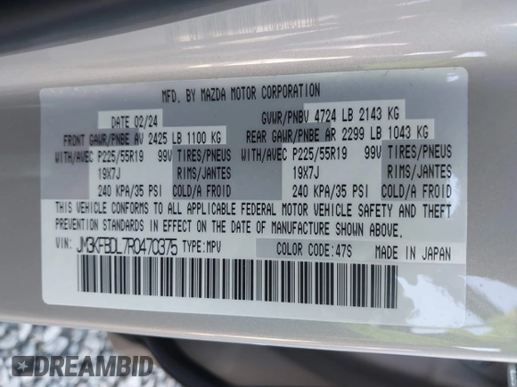 2024 Mazda CX-5 2.5 S Premium Package with VIN JM3KFBDL7R0470375, listed as a IAAI auction lot 40657155 with 8,584 mi miles. Bid and sale history available at carsss.com. Image 9.