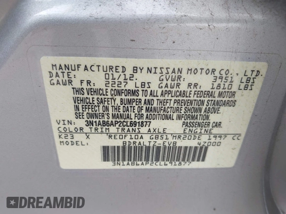 2012 Nissan Sentra S z VIN 3N1AB6AP2CL691877, wystawiony jako IAAI lot #42497242 z przebiegiem 188 160 mil mil oraz . Historia ofert i sprzedaży dostępna na DreamBid. Obrazek 9.