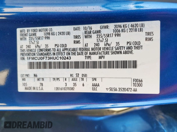 2017 Ford Escape S with VIN 1FMCU0F73HUC10243, listed as a Copart auction lot 57957465 with 79,377 mi miles and Salvage title. Bid and sale history available at DreamBid. Image 13.
