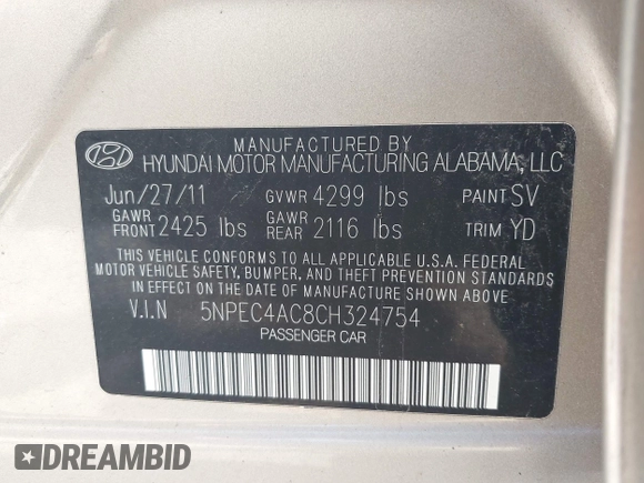 2012 Hyundai Sonata Limited z VIN 5NPEC4AC8CH324754, wystawiony jako IAAI lot #42398341 z przebiegiem 161 244 mil mil oraz . Historia ofert i sprzedaży dostępna na DreamBid. Obrazek 9.