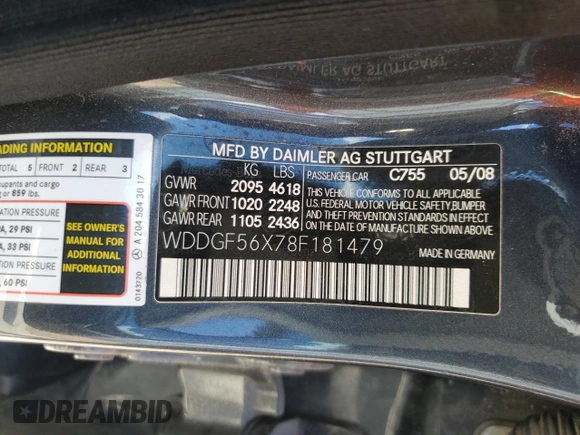 2008 Mercedes-Benz C 350 Sport with VIN WDDGF56X78F181479, listed as a Copart auction lot 85541024 with 153,099 mi miles and Salvage Title. Bid and sale history available at DreamBid. Image 12.