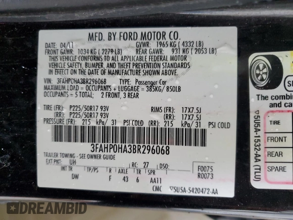 2011 Ford Fusion SE with VIN 3FAHP0HA3BR296068, listed as a Copart auction lot 53019155 with 157,629 mi miles and Clean Title. Bid and sale history available at carsss.com. Image 12.