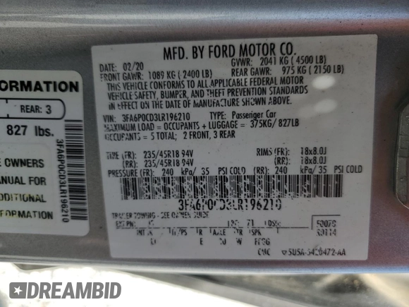 2020 Ford Fusion SEL z VIN 3FA6P0CD3LR196210, wystawiony jako Copart lot #60240925 z przebiegiem 81 768 mil mil oraz Szkoda całkowita • Salvage title. Historia ofert i sprzedaży dostępna na DreamBid. Obrazek 12.