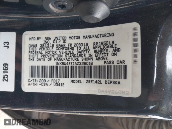 2010 Toyota Corolla with VIN 1NXBU4EE1AZ326016, listed as a IAAI auction lot 42071144 with 154,845 mi miles and . Bid and sale history available at DreamBid. Image 9.