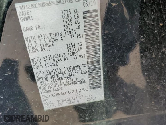 2019 Nissan Pathfinder S with VIN 5N1DR2MN6KC621250, listed as a Copart auction lot 56393755 with 148,461 mi miles and Salvage title. Bid and sale history available at DreamBid. Image 13.