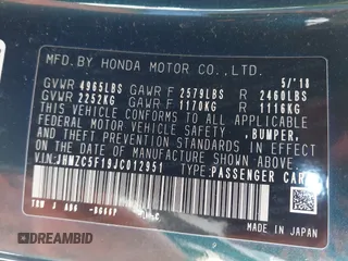2018 Honda Clarity z VIN JHMZC5F19JC012951, wystawiony jako IAAI lot #42404688 z przebiegiem 213 122 mil mil oraz . Historia ofert i sprzedaży dostępna na DreamBid. Obrazek 9.