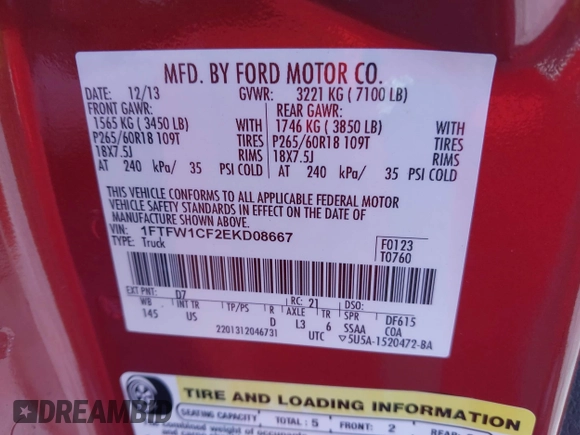 2014 Ford F-150 XL with VIN 1FTFW1CF2EKD08667, listed as a IAAI auction lot 41705412 with 129,817 mi miles. Bid and sale history available at carsss.com. Image 9.