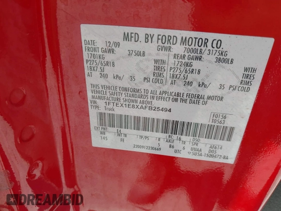 2010 Ford F-150 XL with VIN 1FTEX1E8XAFB25494, listed as a IAAI auction lot 42048597 with 245,054 mi miles. Bid and sale history available at carsss.com. Image 9.