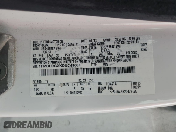 2013 Ford Escape SE with VIN 1FMCU9GXXDUC48064, listed as a Copart auction lot 54932025 with 0 mi miles and Clean Title. Bid and sale history available at carsss.com. Image 12.