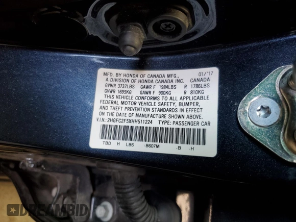 2017 Honda Civic Sedan LX with VIN 2HGFC2F5XHH511224, listed as a Copart auction lot 50261825 with 43,907 mi miles and Salvage Title. Bid and sale history available at carsss.com. Image 12.