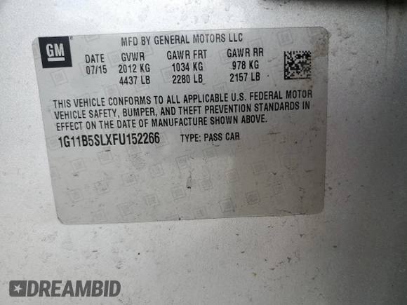 2015 Chevrolet Malibu LS with VIN 1G11B5SLXFU152266, listed as a Copart auction lot 49792375 with 128,527 mi miles and Salvage Title. Bid and sale history available at DreamBid. Image 12.